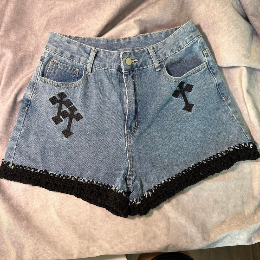 ROMWE Size 6 Upcycled Grunge Cross Denim Shorts Crochet Trim One of a kind